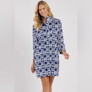 Jude Connally Helen Geometric Navy Blue and White Shirt Dress, Cotton, size S